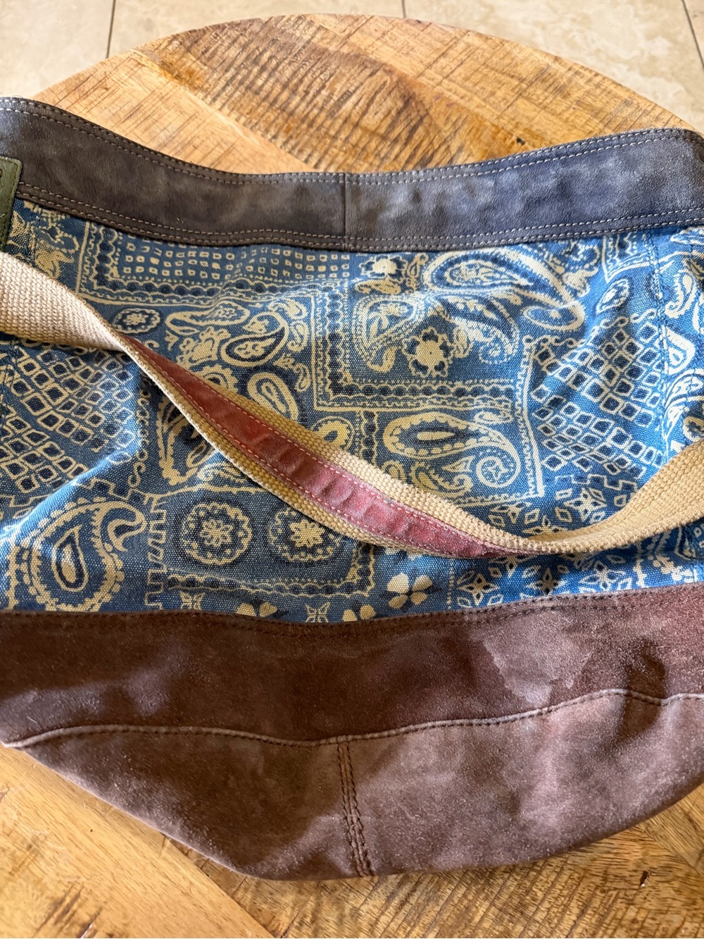 Lucky Brand Blue Paisley Canvas Crossbody Bag Brown Suede Trim 16” × 13” Boho
